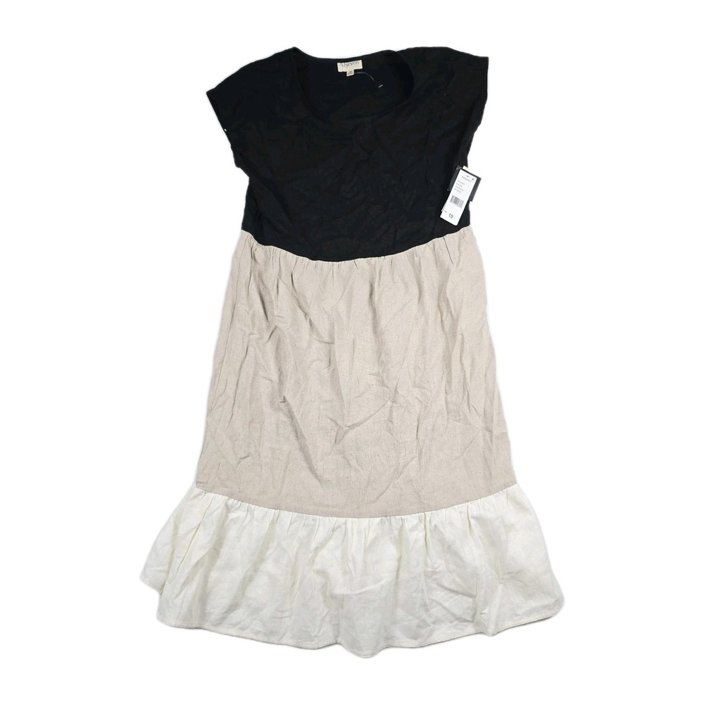 52Seven Women's Size 10 Dress Linen Blend Color Block Black Tan Ivory Midi New